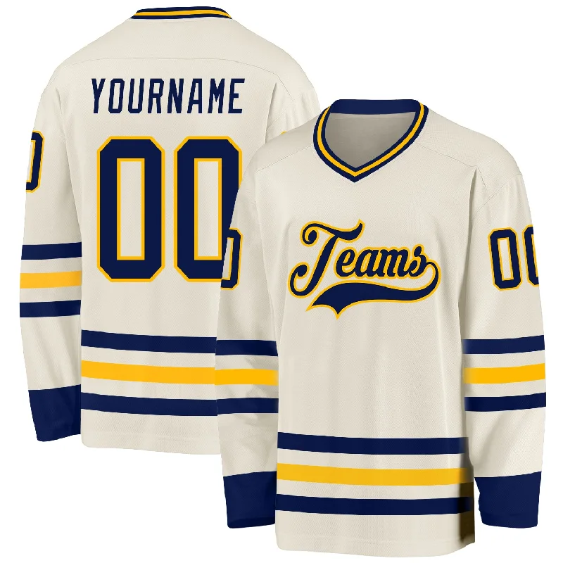 Ice Hockey Jerseys with Full Sleeve Coverage-Custom Cream Navy-Gold Hockey Jersey