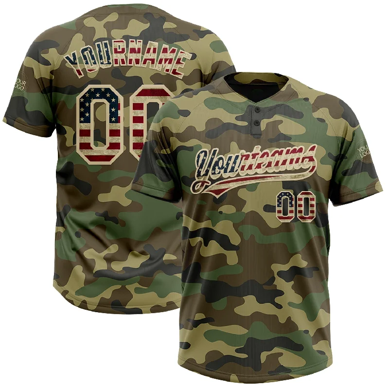 Professional Softball Jerseys for Club Teams-Custom Camo Vintage USA Flag-Cream Salute To Service Two-Button Unisex Softball Jersey