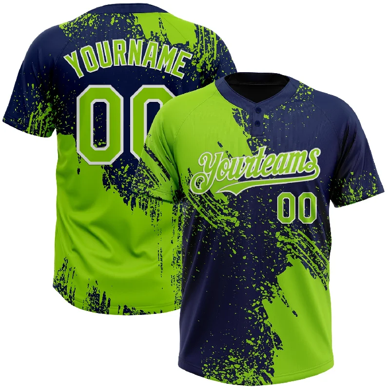 High-Tech Softball Jerseys for Ultimate Comfort-Custom Neon Green Navy-White 3D Pattern Abstract Brush Stroke Two-Button Unisex Softball Jersey