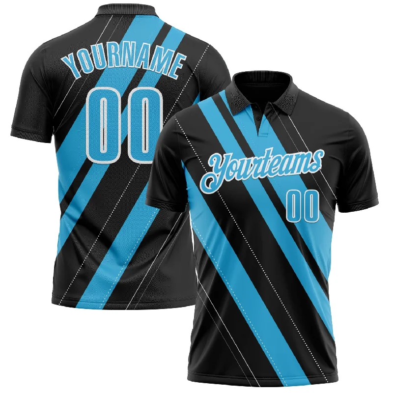 Personalized Golf Polo Shirts with Custom Embroidery-Custom Black Sky Blue-White 3D Bowling Line Shape Performance Polo Shirt