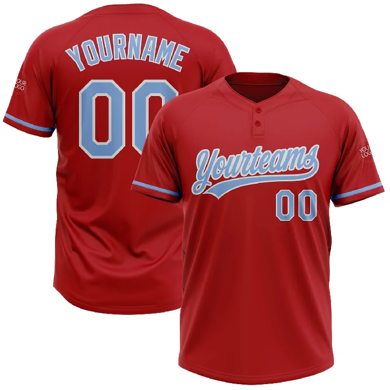 Softball Jerseys with Elastic Waistband for Comfort-Custom Red Light Blue-White Two-Button Unisex Softball Jersey