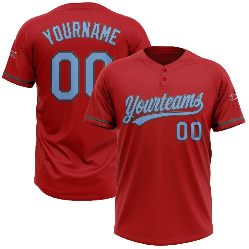 High-Tech Softball Jerseys for Ultimate Comfort-Custom Red Light Blue-Steel Gray Two-Button Unisex Softball Jersey