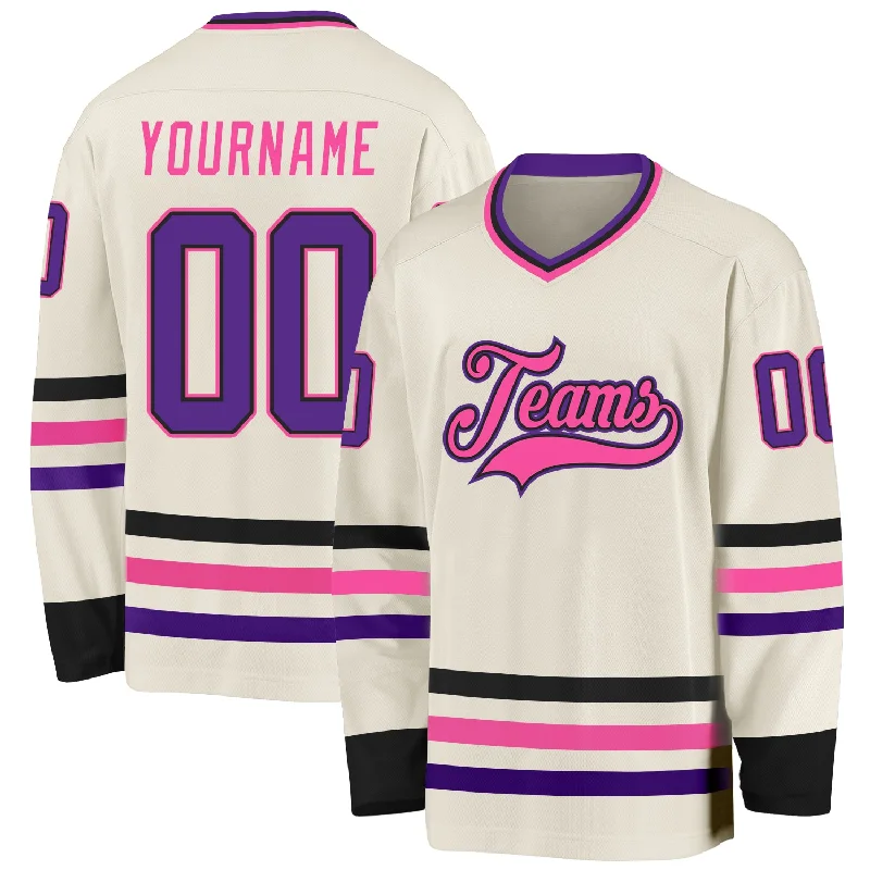 Premium-Fit Hockey Jerseys for Professional Teams-Custom Cream Purple Black-Pink Hockey Jersey