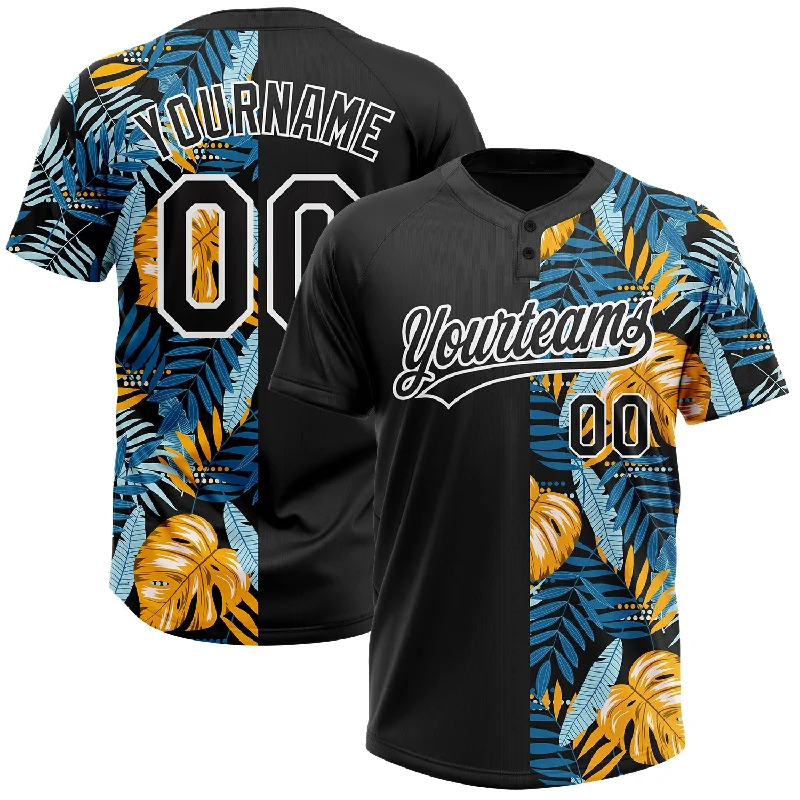 Softball Jerseys with Padded Inserts for Comfort-Custom Black White 3D Pattern Hawaii Tropical Leaves Two-Button Unisex Softball Jersey