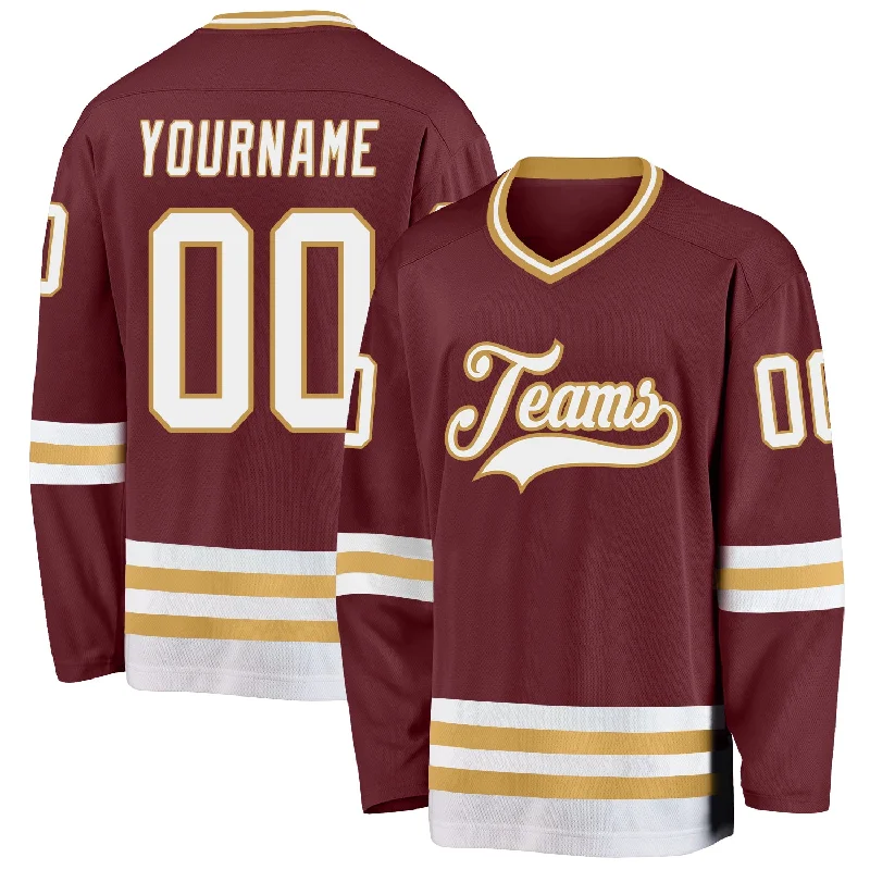 Personalized Hockey Jerseys for Teams-Custom Burgundy White-Old Gold Hockey Jersey