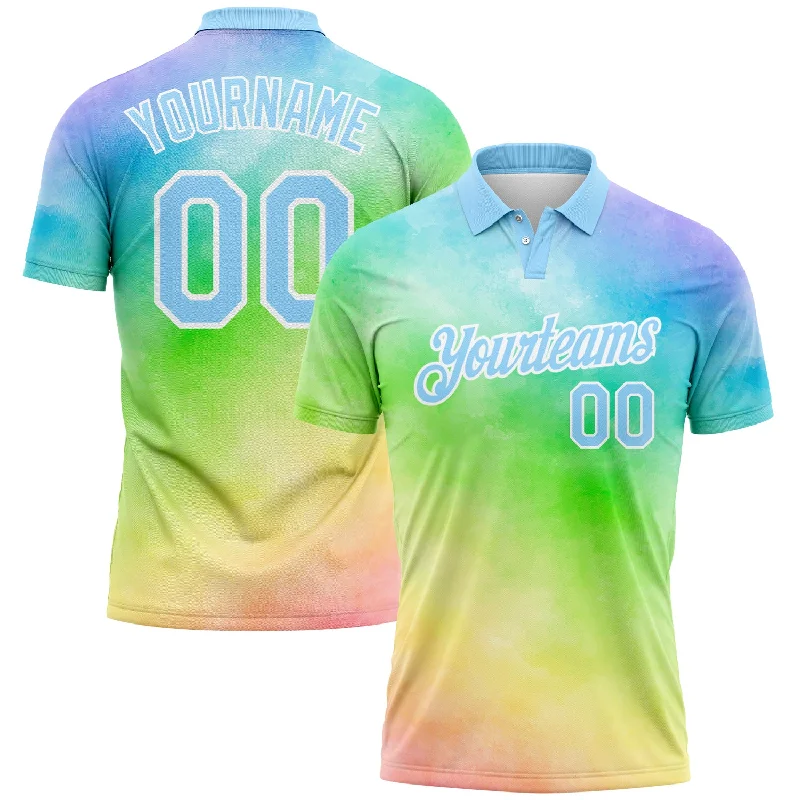 Durable Golf Polo Shirts for Long-Term Play-Custom Tie Dye Light Blue-White 3D Rainbow Performance Golf Polo Shirt