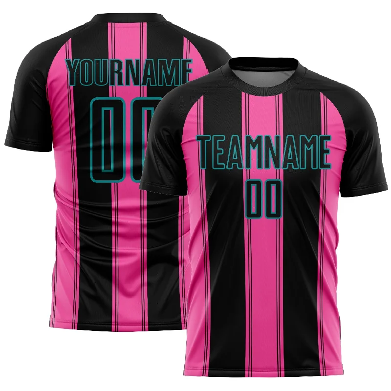 Soccer Jerseys with Soft Collar for Comfort-Custom Black Pink-Teal Line Sublimation Soccer Uniform Jersey