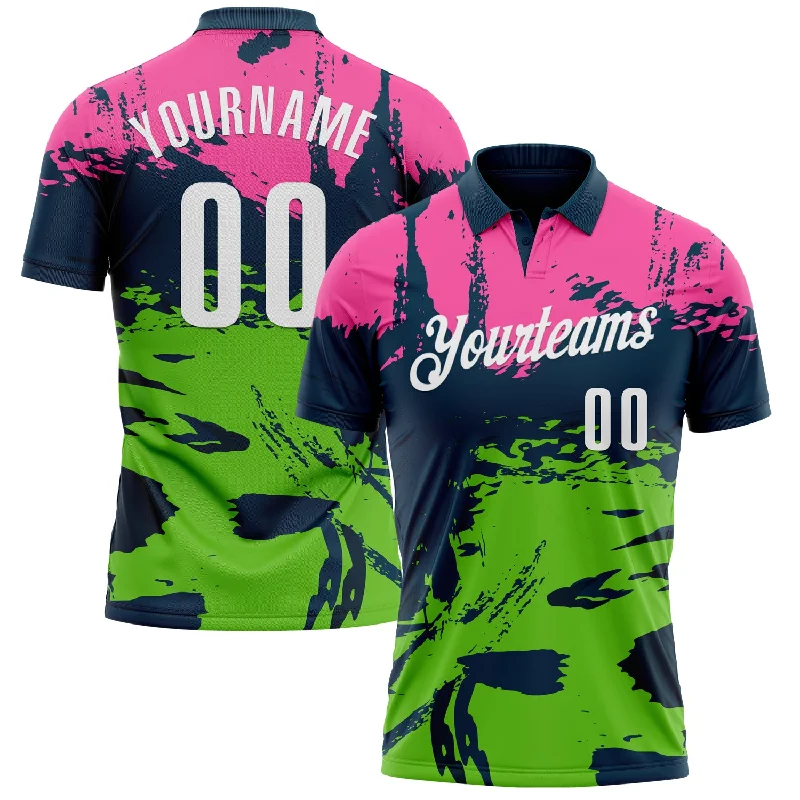 Classic Solid Golf Polo Shirts for Timeless Style-Custom Navy Pink-Aurora Green 3D Bowling Splash Ink Performance Polo Shirt