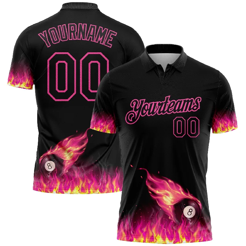 Vibrant Color Golf Polo Shirts for Bold Players-Custom Black Pink 3D Pattern Design Flame Billiards 8 Ball Performance Polo Shirt