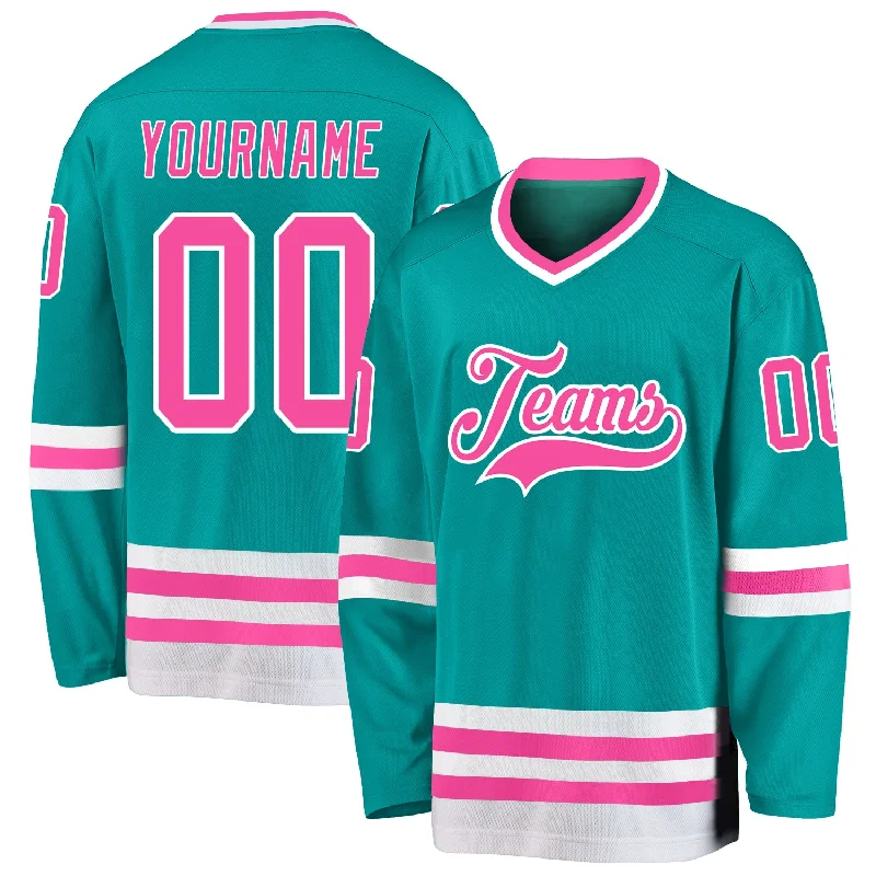 Mesh Lined Hockey Jerseys for Breathability-Custom Aqua Pink-White Hockey Jersey