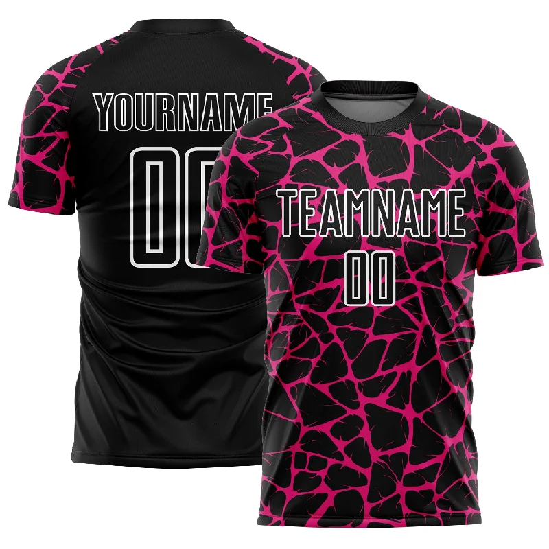 Soccer Jerseys with Elastic Cuffs for Snug Fit-Custom Black Hot Pink-White Abstract Network Splash Sublimation Soccer Uniform Jersey