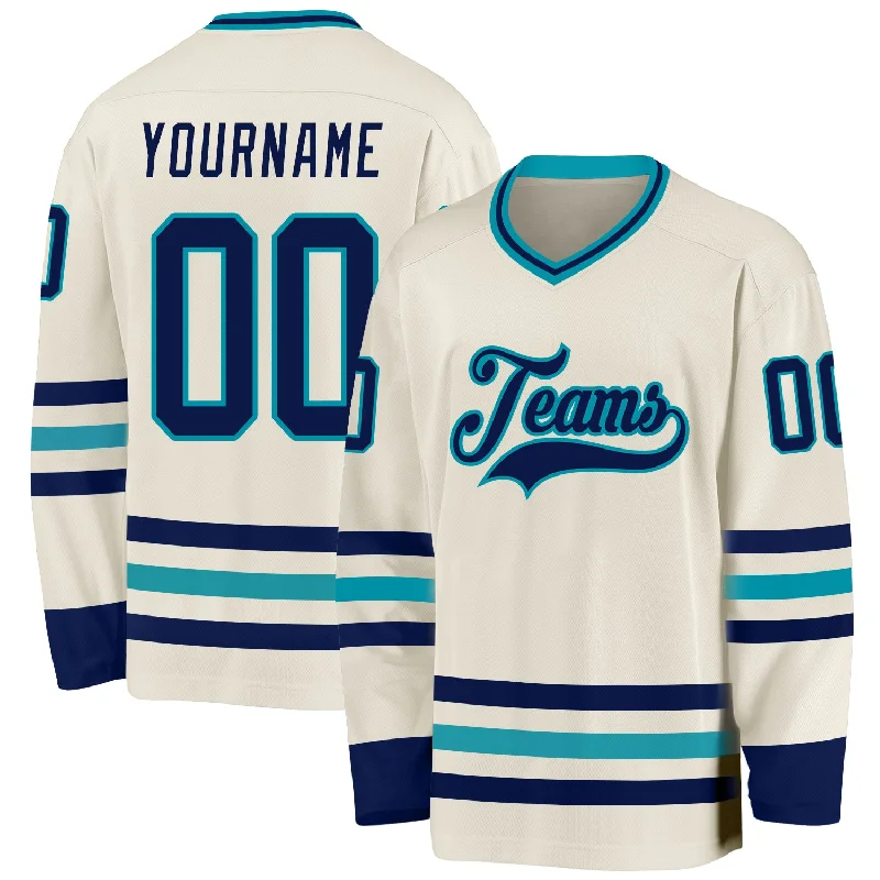 Classic Ice Hockey Jerseys with Stripe Details-Custom Cream Navy-Teal Hockey Jersey