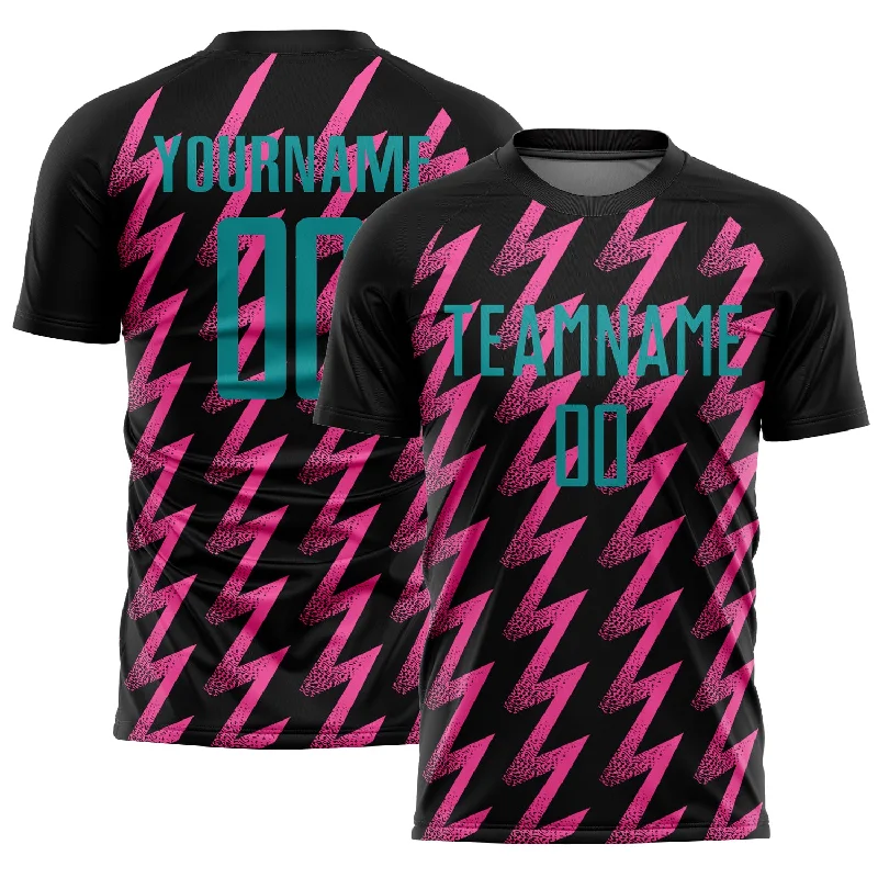 Soccer Jerseys with Contrast Collar for Stylish Touch-Custom Black Teal-Pink Zigzag Shape Sublimation Soccer Uniform Jersey