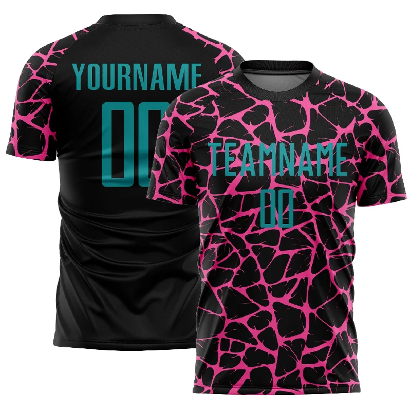 Soccer Jerseys with Modern Cut for Comfortable Fit-Custom Black Teal-Pink Abstract Network Splash Sublimation Soccer Uniform Jersey