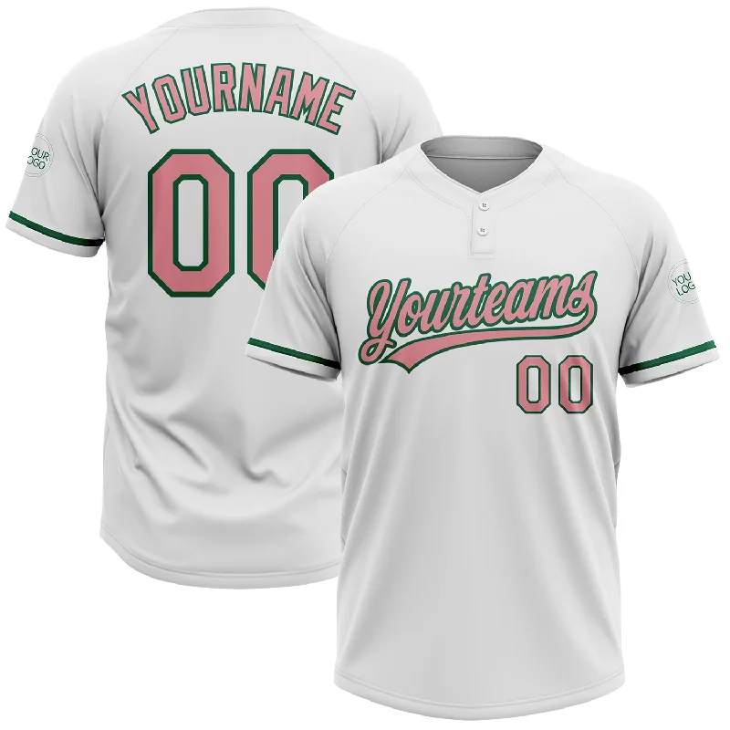 Classic Fit Softball Jerseys for Comfort and Style-Custom White Medium Pink-Kelly Green Two-Button Unisex Softball Jersey