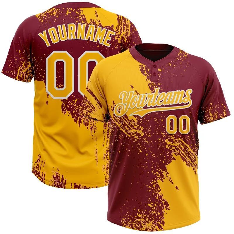 Professional-Grade Softball Jerseys for Elite Players-Custom Gold Crimson-White 3D Pattern Abstract Brush Stroke Two-Button Unisex Softball Jersey