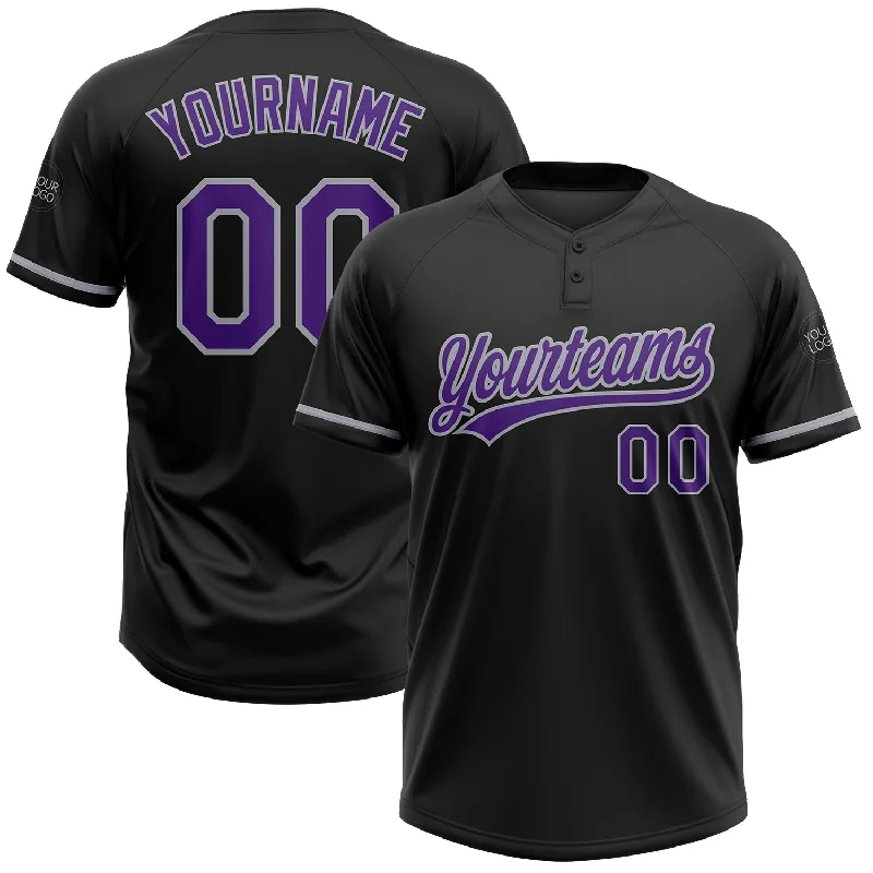 Softball Jerseys with Custom Logo Embroidery-Custom Black Purple-Gray Two-Button Unisex Softball Jersey