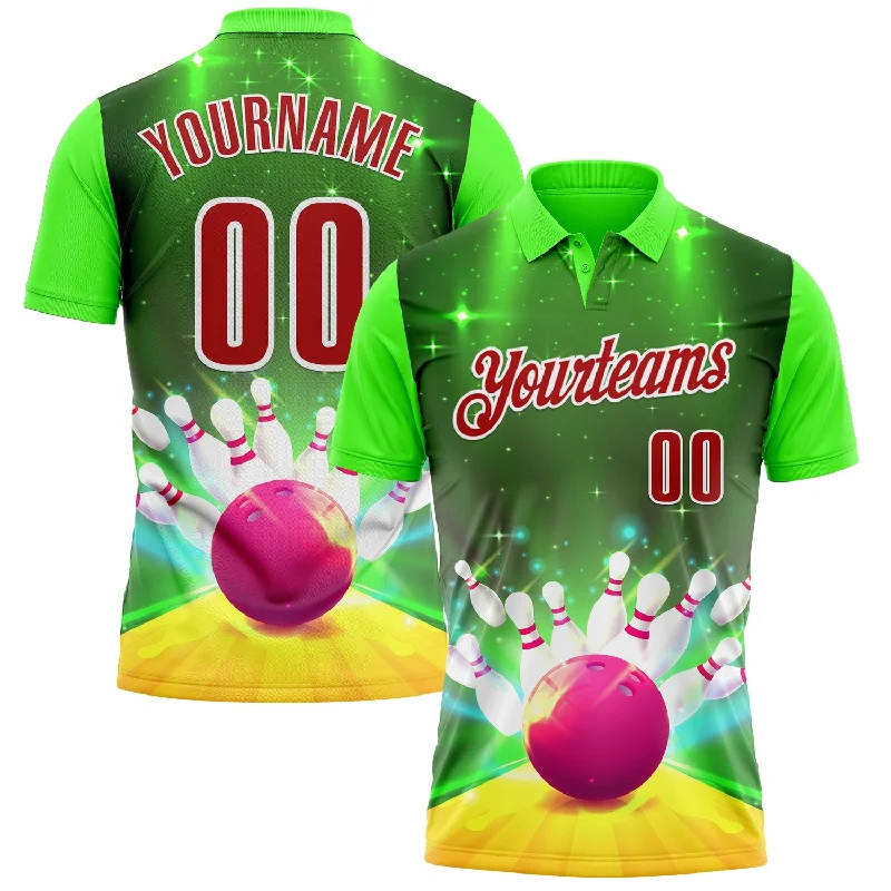 Golf Polo Shirts for Team Outfits and Leagues-Custom Green Red-White 3D Bowling Bright Star Performance Polo Shirt