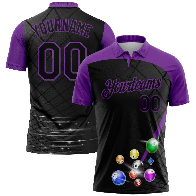 Lightweight Performance Golf Polo Shirts for Tournaments-Custom Black Purple 3D Pattern Design Billiards Performance Polo Shirt