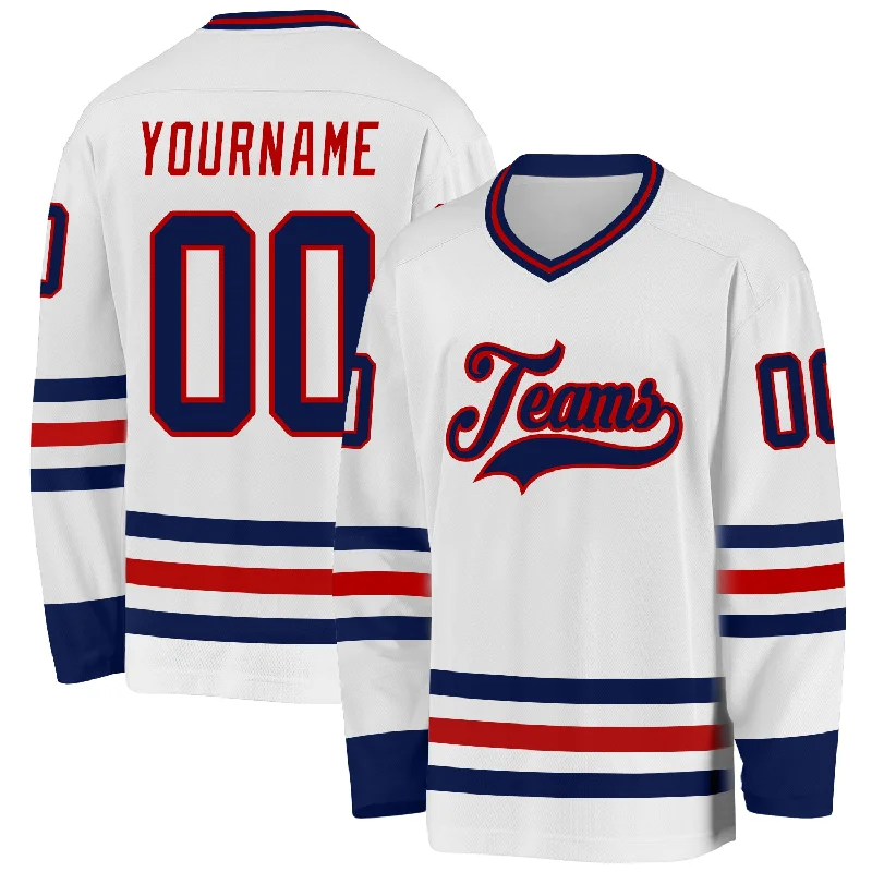 Hockey Jerseys with Embroidered Logos-Custom White Navy-Red Hockey Jersey