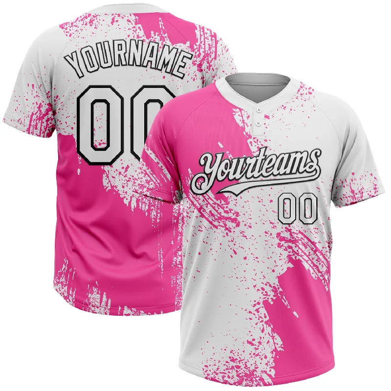 Softball Jerseys with High-Tech Fabrics for Better Performance-Custom Pink White-Black 3D Pattern Abstract Brush Stroke Two-Button Unisex Softball Jersey