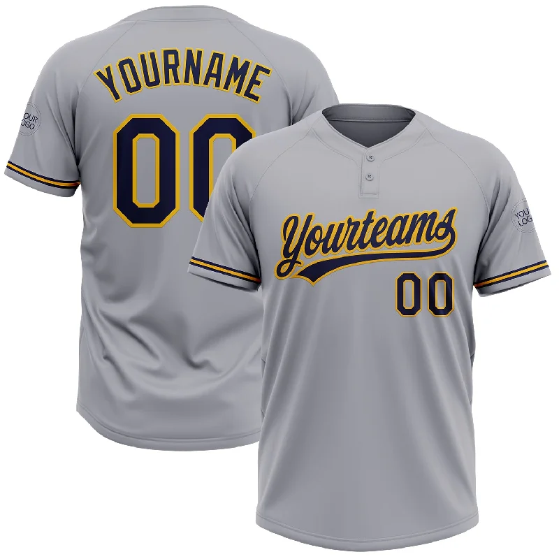 Softball Jerseys with Soft and Breathable Fabric for Comfort-Custom Gray Navy-Gold Two-Button Unisex Softball Jersey