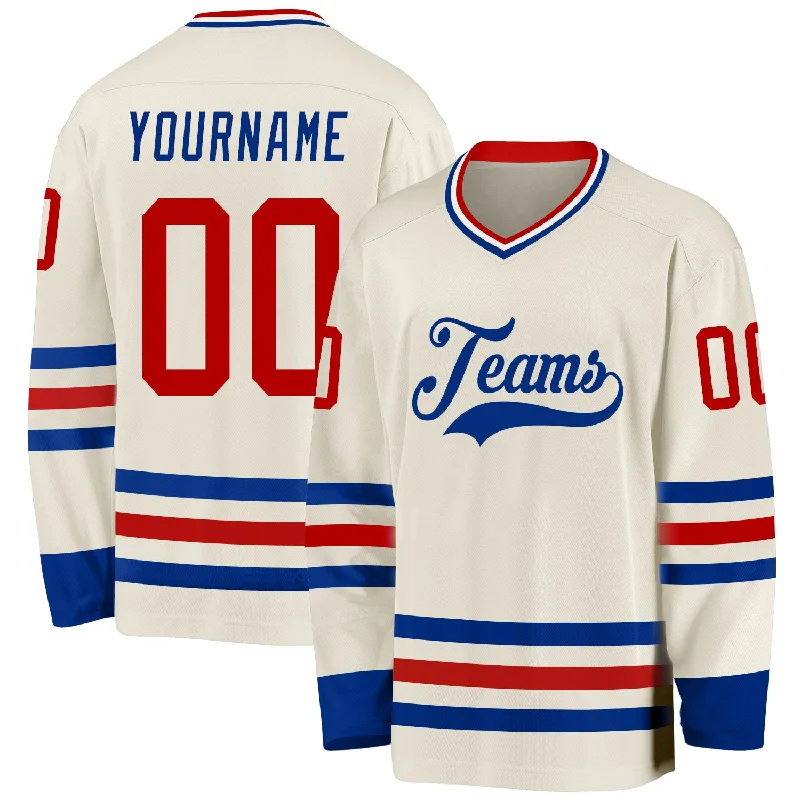 Budget-Friendly Ice Hockey Jerseys for Schools-Custom Cream Red Royal-White Hockey Jersey