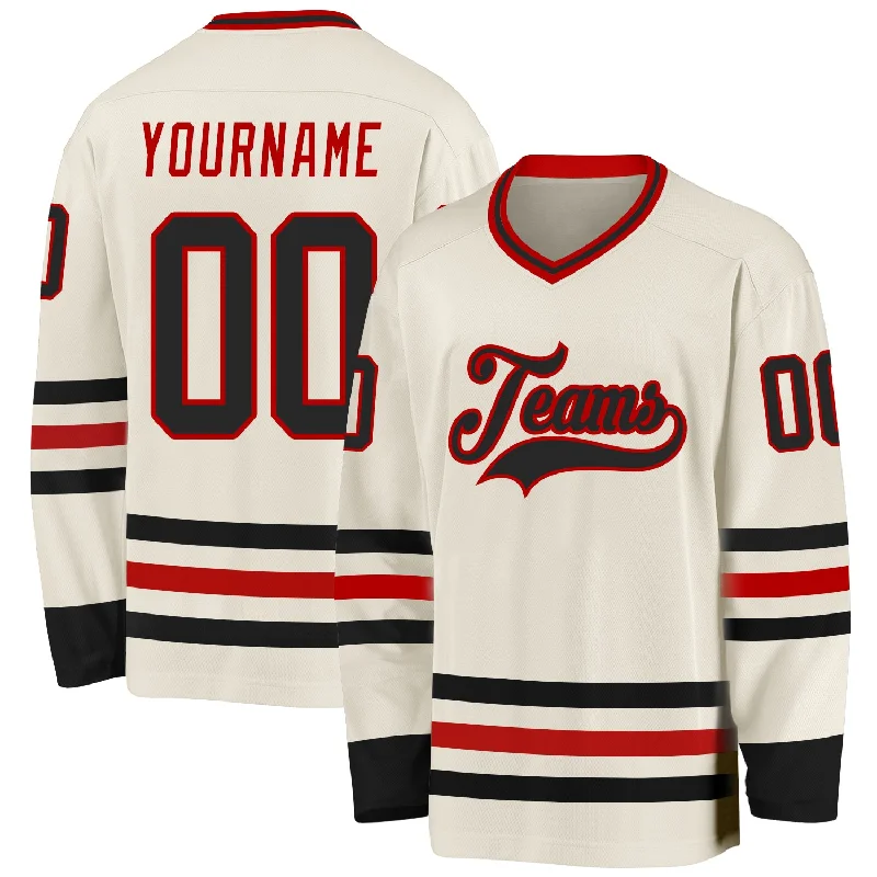 Lightweight Custom Hockey Jerseys for Youth Teams-Custom Cream Black-Red Hockey Jersey