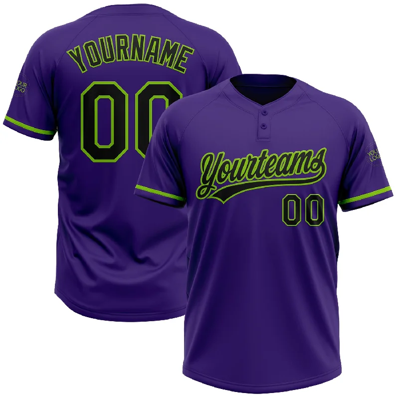 Softball Jerseys with UV Protection for Sun Safety-Custom Purple Black-Neon Green Two-Button Unisex Softball Jersey