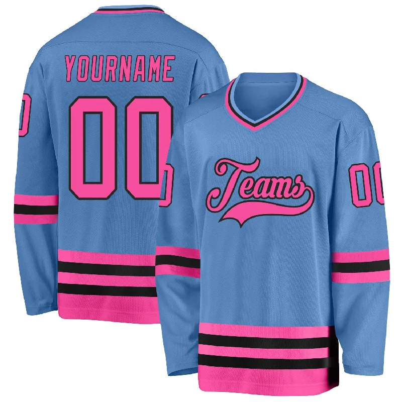 Custom Hockey Jerseys with Team Sponsor Logos-Custom Light Blue Pink-Black Hockey Jersey