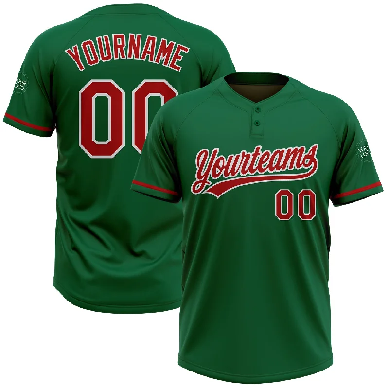 Long-Sleeve Softball Jerseys for Cooler Weather-Custom Kelly Green Red-White Two-Button Unisex Softball Jersey