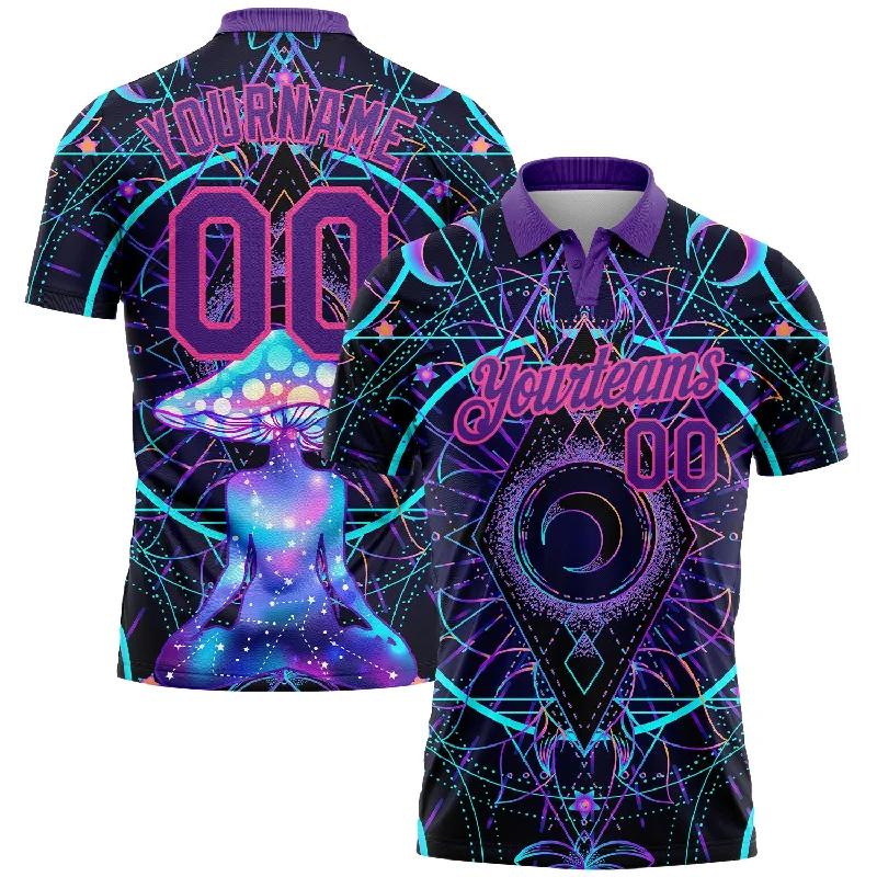 Sporty Golf Polo Shirts for Women with a Feminine Fit-Custom Black Pink-Purple 3D Pattern Design Magic Mushrooms Over Sacred Geometry Psychedelic Hallucination Performance Golf Polo Shirt