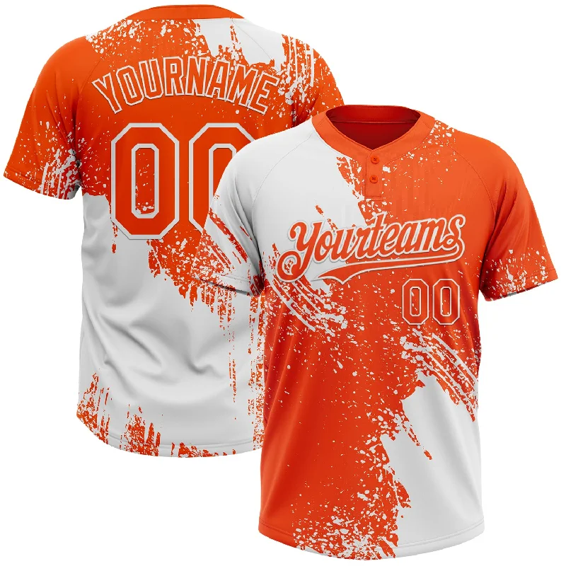 Custom Softball Jerseys for Teams-Custom White Orange 3D Pattern Abstract Brush Stroke Two-Button Unisex Softball Jersey