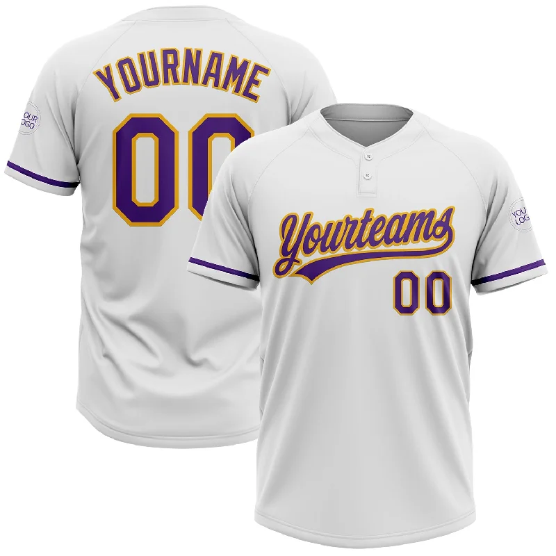 Retro-Inspired Softball Jerseys for Vintage Look-Custom White Purple-Gold Two-Button Unisex Softball Jersey