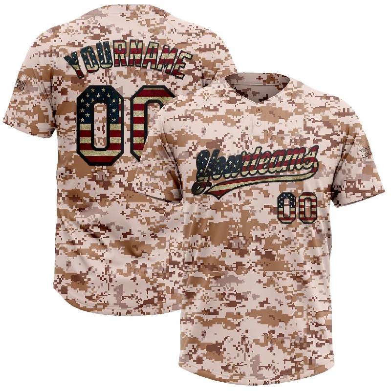 Classic Softball Jerseys for Recreational Players-Custom Camo Vintage USA Flag-Black Salute To Service Two-Button Unisex Softball Jersey