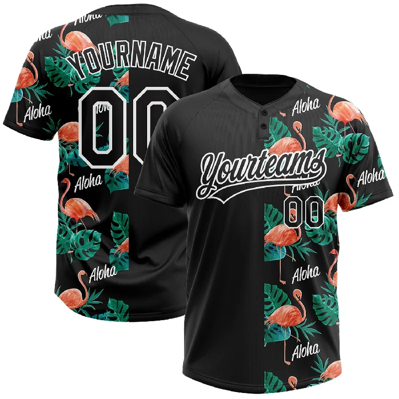 Softball Jerseys with Mesh Sides for Better Ventilation-Custom Black White 3D Pattern Hawaii Flamingos And Leaves Two-Button Unisex Softball Jersey