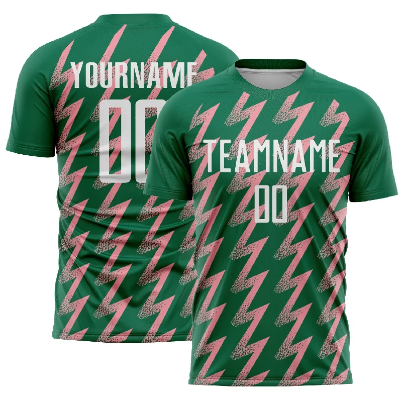 Soccer Jerseys with Vented Mesh Panels for Maximum Airflow-Custom Kelly Green White-Medium Pink Zigzag Shape Sublimation Soccer Uniform Jersey