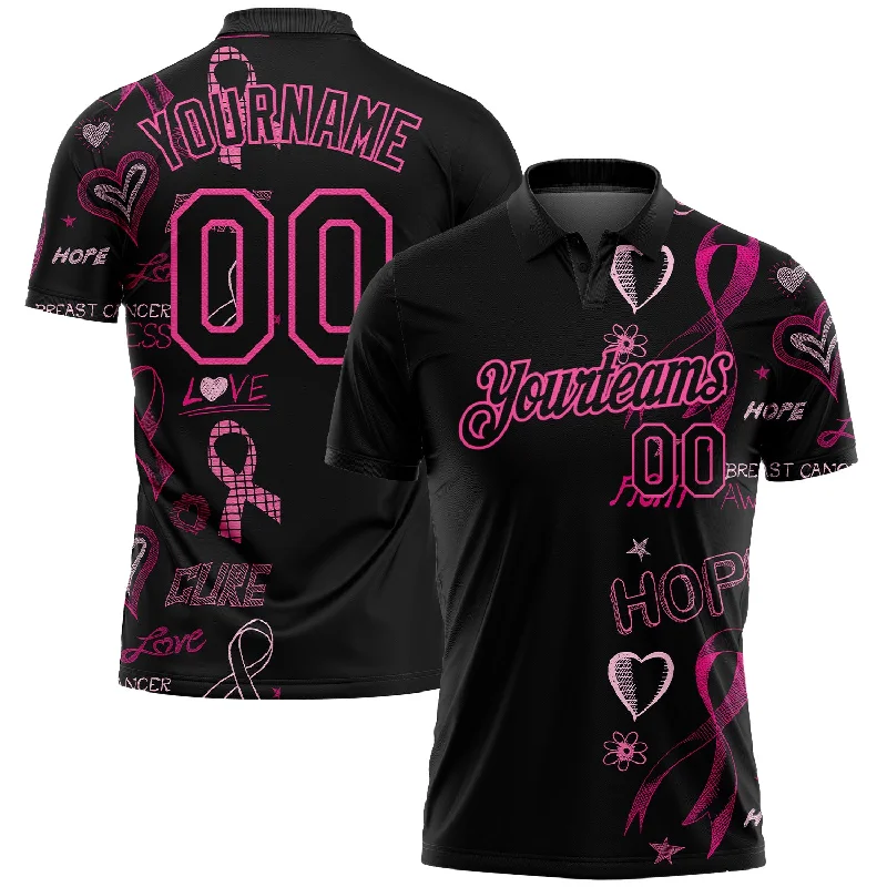 Classic Fit Golf Polo Shirts for Timeless Style-Custom Black Pink 3D Pattern Design Pink Ribbon Breast Cancer Awareness Month Women Health Care Support Performance Golf Polo Shirt