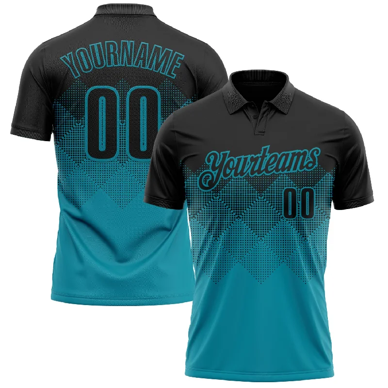 Classic Solid Golf Polo Shirts for Timeless Style-Custom Black Teal 3D Pattern Design Gradient Square Shape Performance Polo Shirt