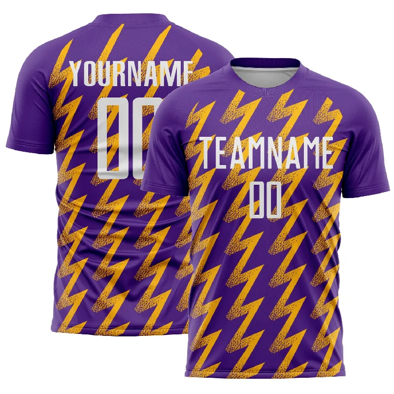 Soccer Jerseys with Elastic Waistband for Secure Fit-Custom Purple White-Gold Zigzag Shape Sublimation Soccer Uniform Jersey