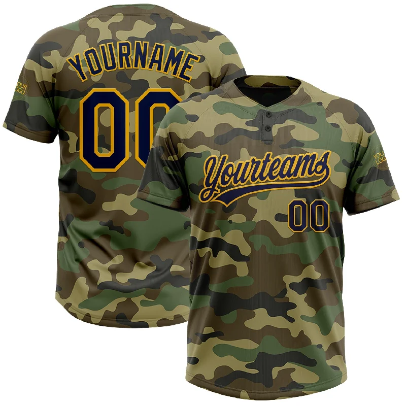 Classic Fit Softball Jerseys for Comfort and Style-Custom Camo Navy-Gold Salute To Service Two-Button Unisex Softball Jersey