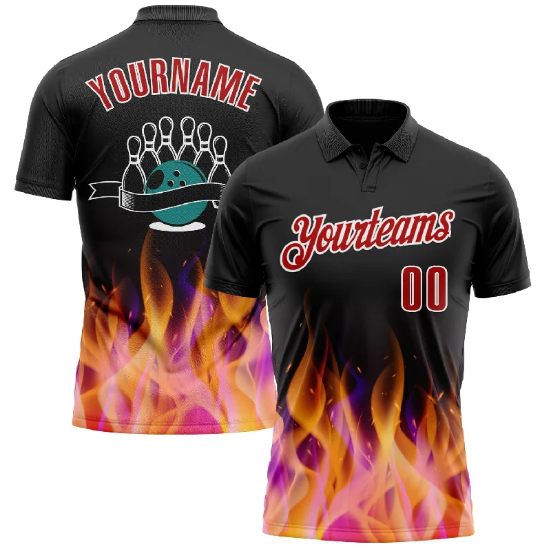 Customized Golf Polo Shirts for Special Occasions-Custom Black Red-White 3D Bowling Burning Flame Performance Polo Shirt