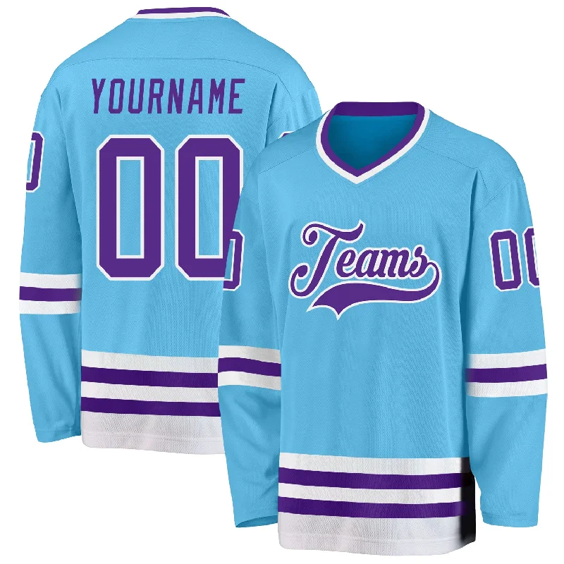 Professional-Grade Hockey Jerseys for Tournament Play-Custom Sky Blue Purple-White Hockey Jersey