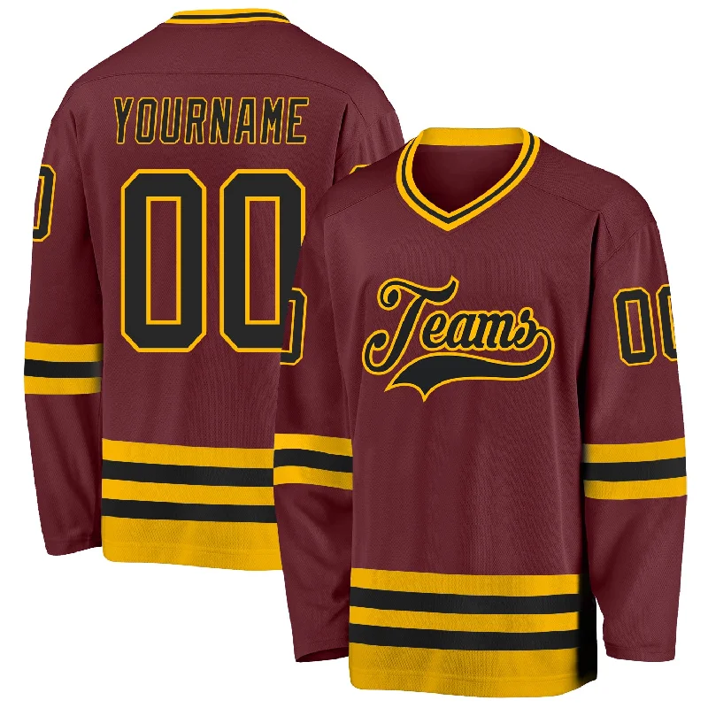 Lightweight Hockey Jerseys for Comfortable Play-Custom Burgundy Black-Gold Hockey Jersey