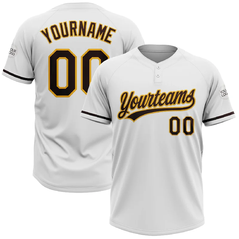 Women’s Softball Jerseys with Slim Fit Design-Custom White Brown-Gold Two-Button Unisex Softball Jersey