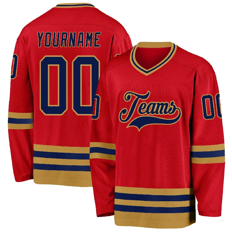 High-Durability Hockey Jerseys for Tough Play-Custom Red Navy-Old Gold Hockey Jersey