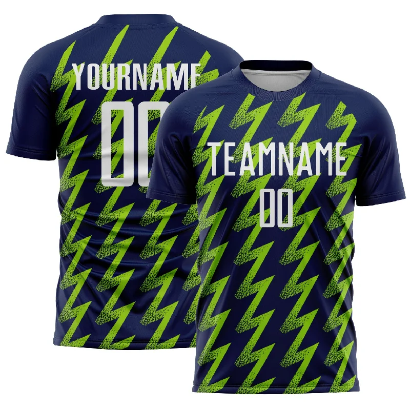 Soccer Jerseys with Contrast Collar for Stylish Touch-Custom Navy White-Neon Green Zigzag Shape Sublimation Soccer Uniform Jersey