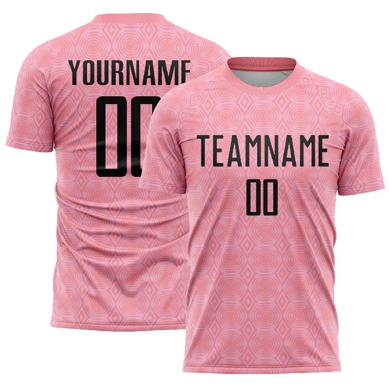 Soccer Jerseys with Full-Button Closure for Traditional Style-Custom Medium Pink Black-Light Pink Geometric Shapes Sublimation Soccer Uniform Jersey