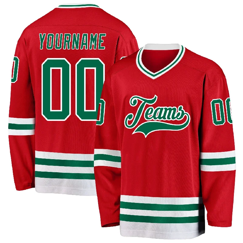 Hockey Jerseys with Moisture-Wicking Fabric-Custom Red Kelly Green-White Hockey Jersey