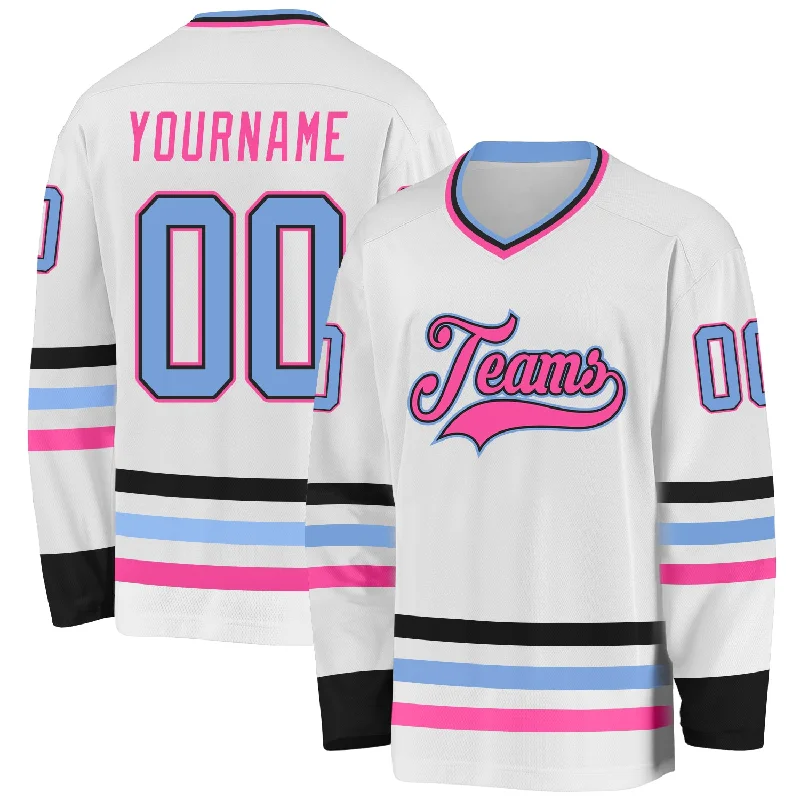 Hockey Jerseys with Moisture-Wicking Fabric-Custom White Light Blue Black-Pink Hockey Jersey